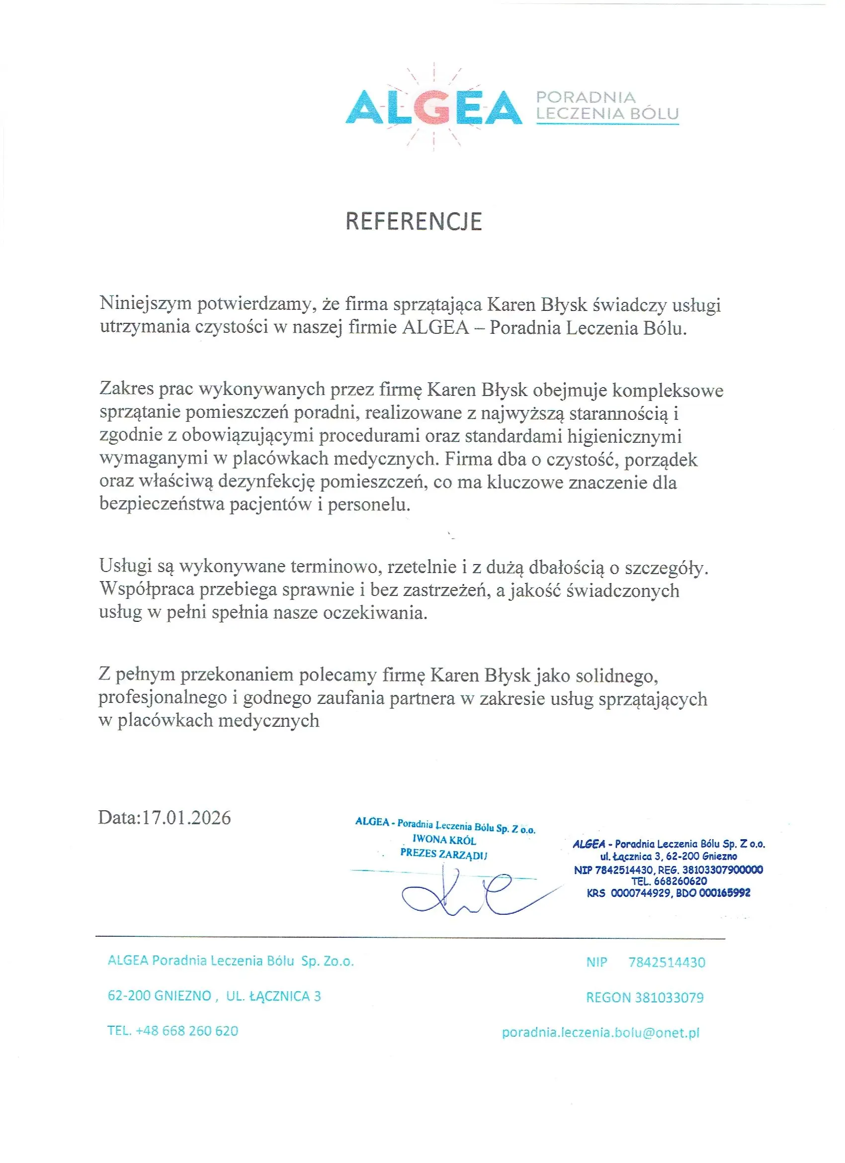Rekomendacja od ALGEA Poradnia Leczenia Bólu Gniezno dla firmy sprzątającej Karen Błysk – sprzątanie placówek medycznych