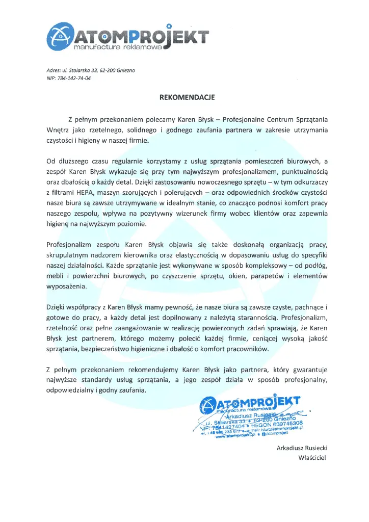 Rekomendacja od firmy Atomprojekt dla firmy sprzątającej Karen Błysk – profesjonalne sprzątanie mieszkań i biur