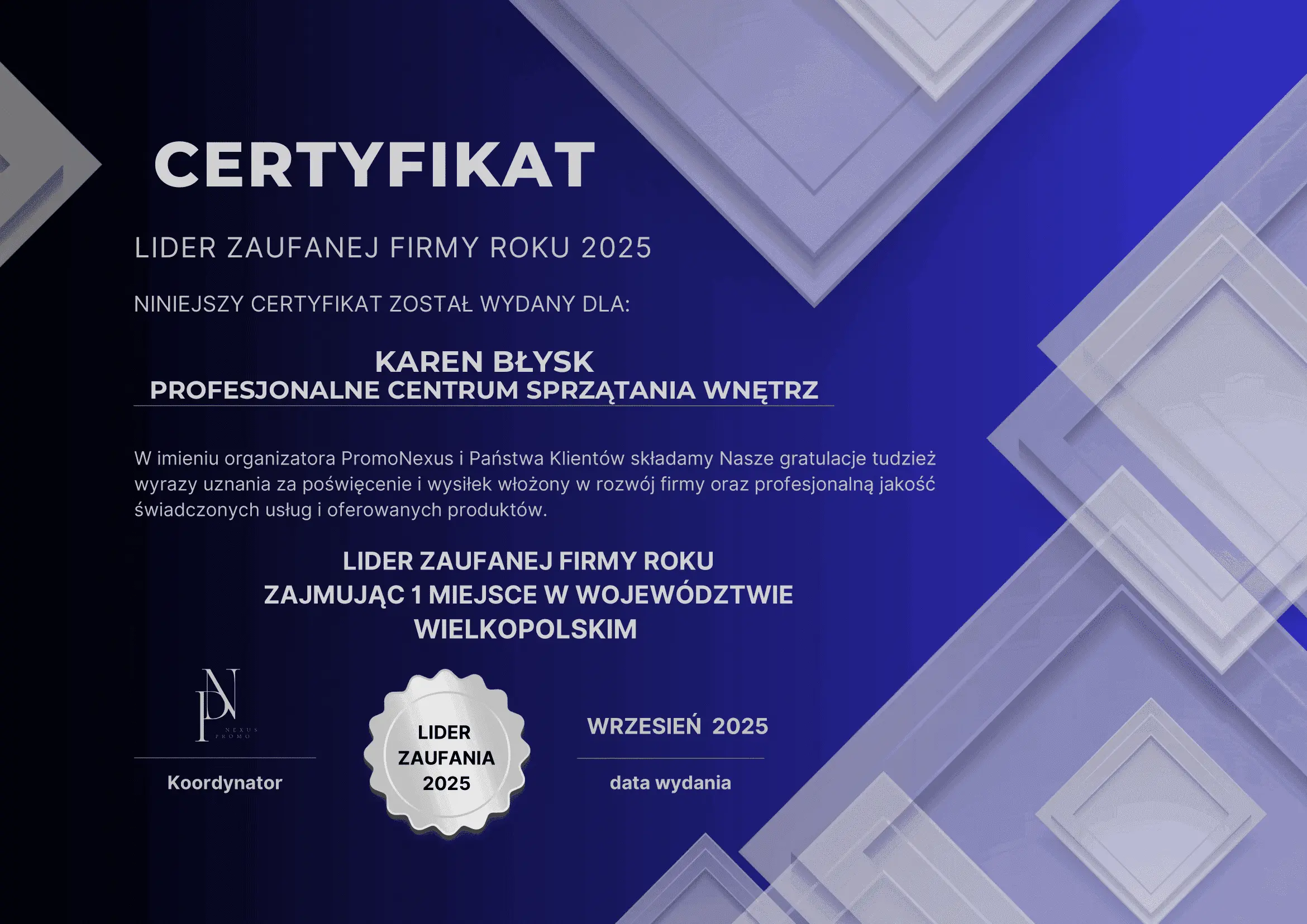 Certyfikat Lider Zaufanej Firmy Roku 2025 przyznany firmie sprzątającej Karen Błysk