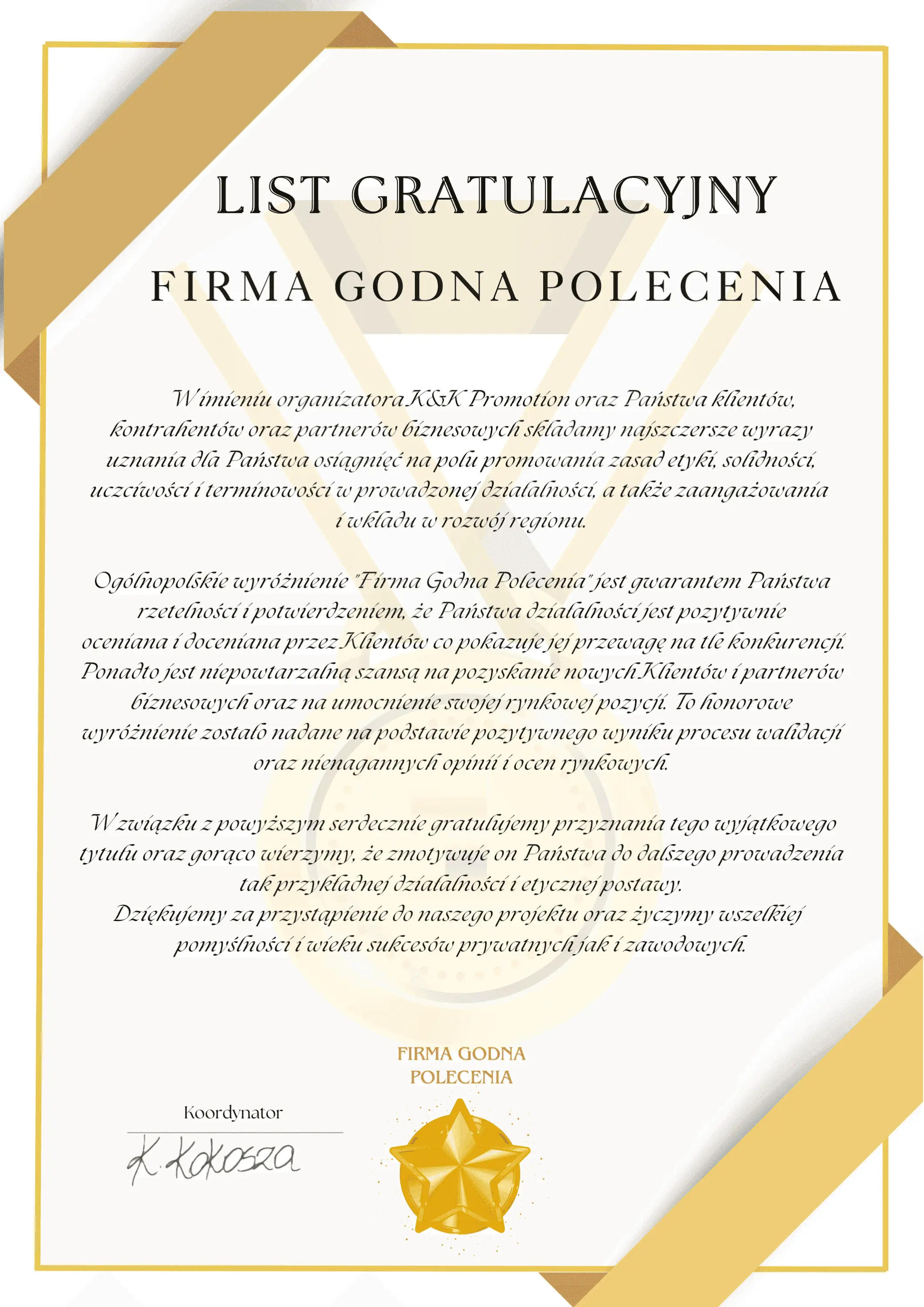 List gratulacyjny potwierdzający, że firma sprzątająca Karen Błysk jest firmą godną polecenia