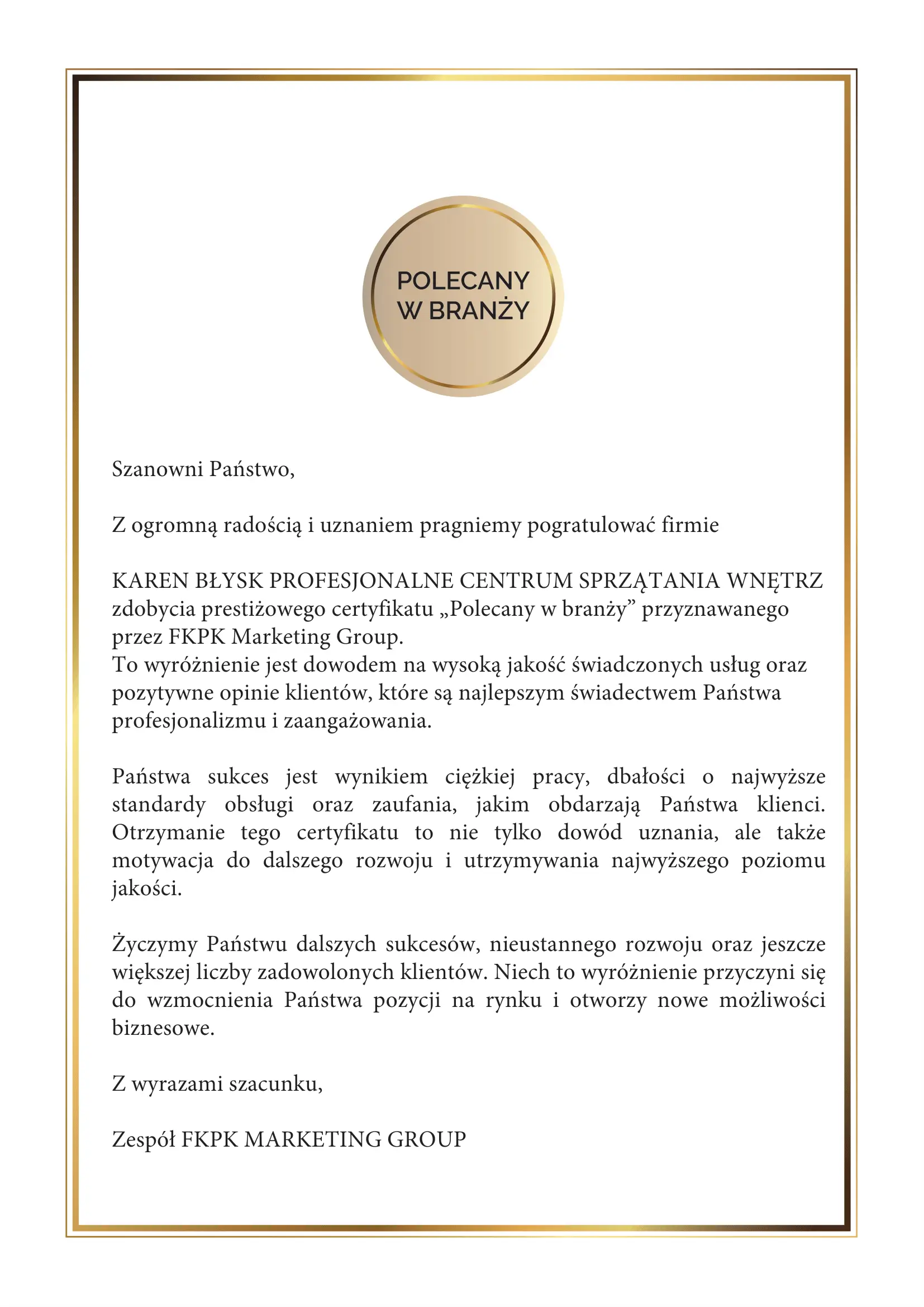 List gratulacyjny Przedsiębiorca Polecany w Branży 2025 od FKPK MARKETING GROUP dla firmy sprzątającej Karen Błysk