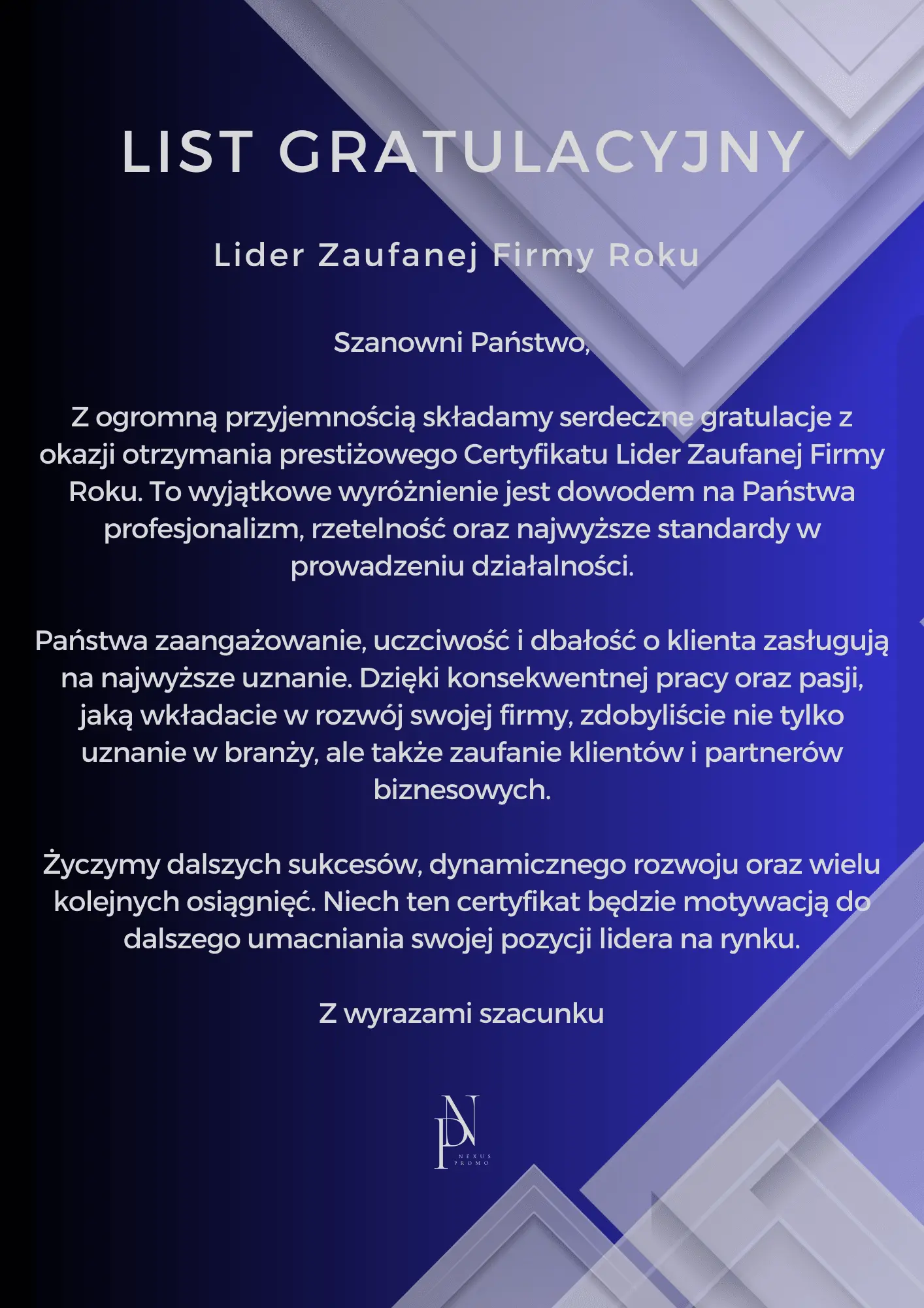 List gratulacyjny Lider Zaufanej Firmy Roku 2025 – wyróżnienie dla firmy sprzątającej Karen Błysk